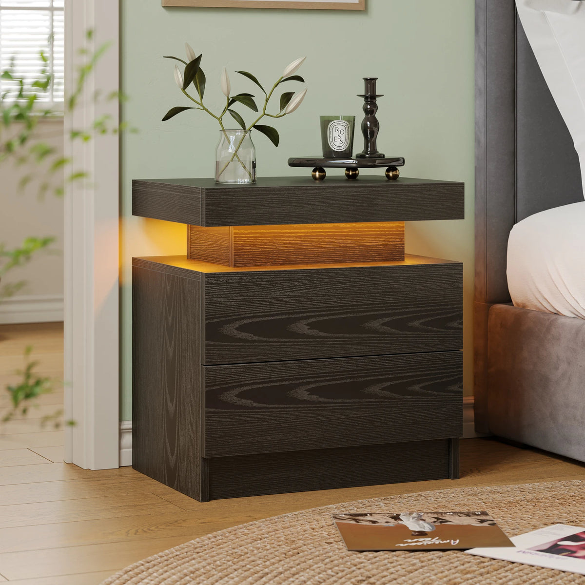 Cubehom LED Nightstand With Two Storage Drawers For Bedroom