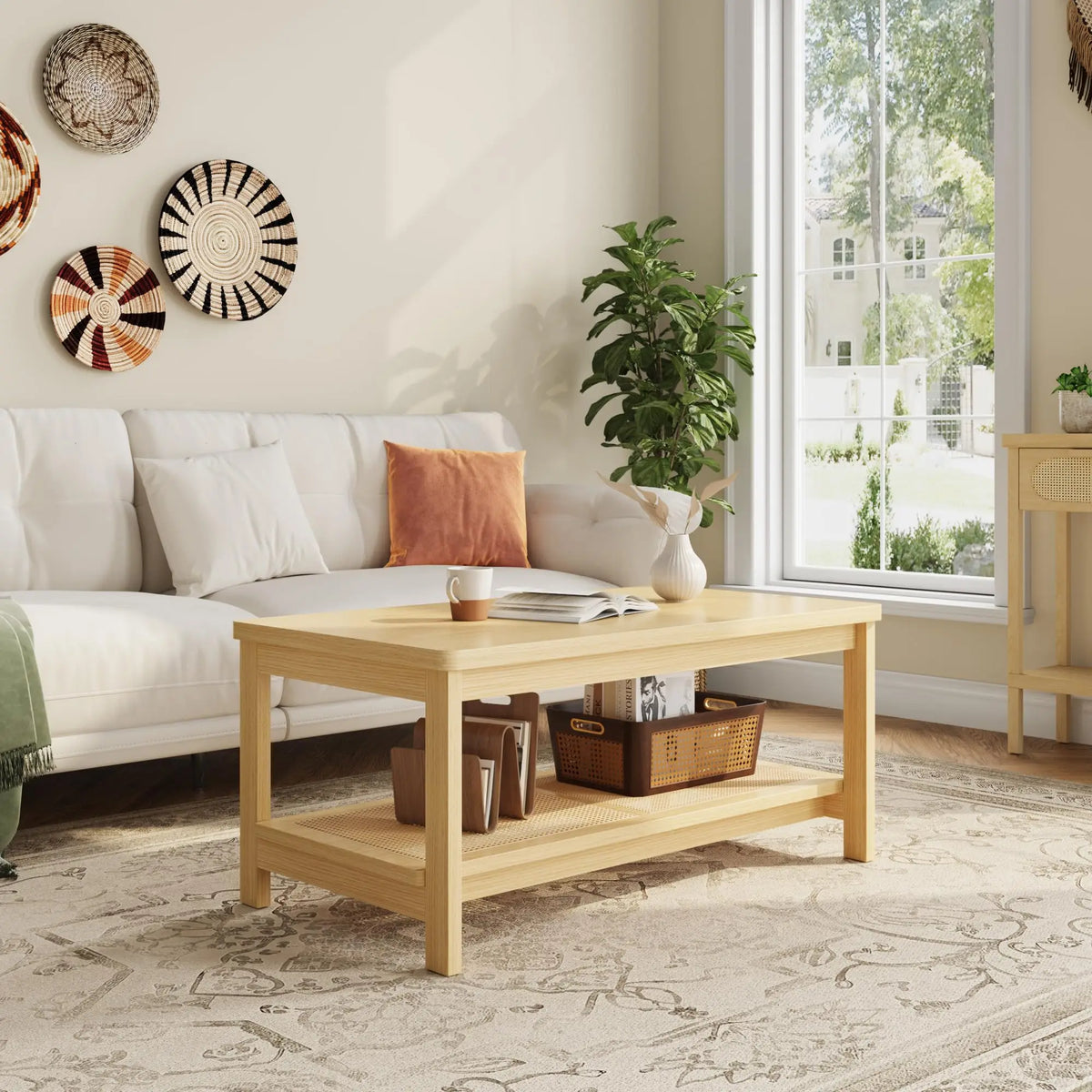 HiMISS Two Tier Coffee Table With Rattan Storage Shelf