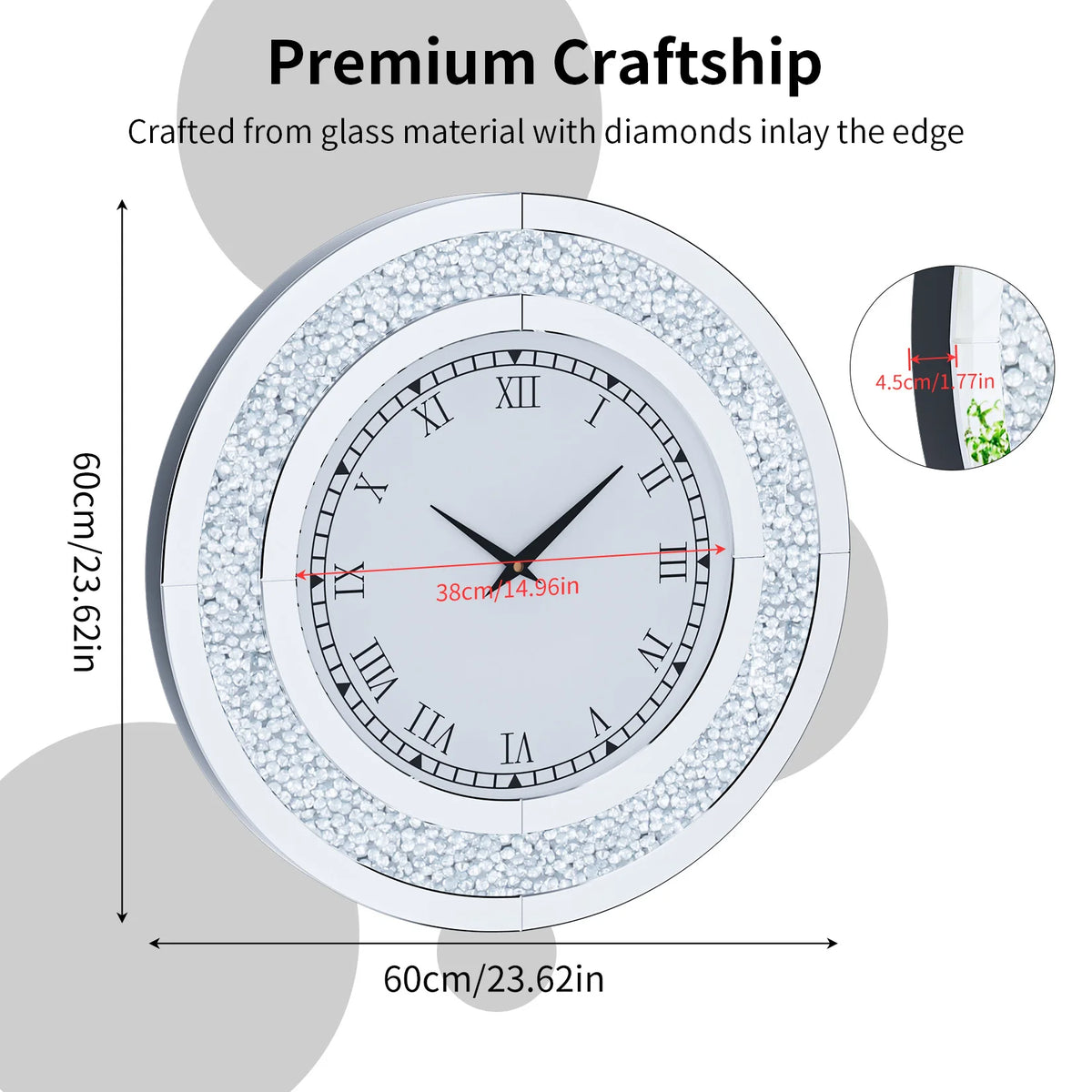 Elegant Round Mirror Wall Clock Featuring Sparkle Crystal Design