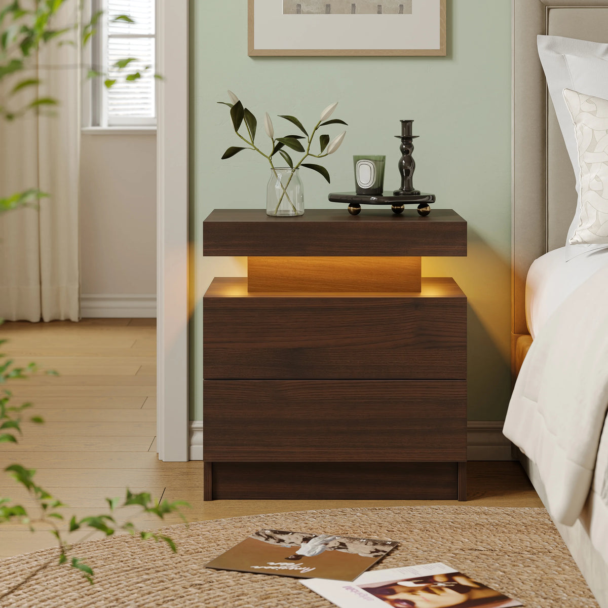 Cubehom LED Nightstand With Two Storage Drawers For Bedroom