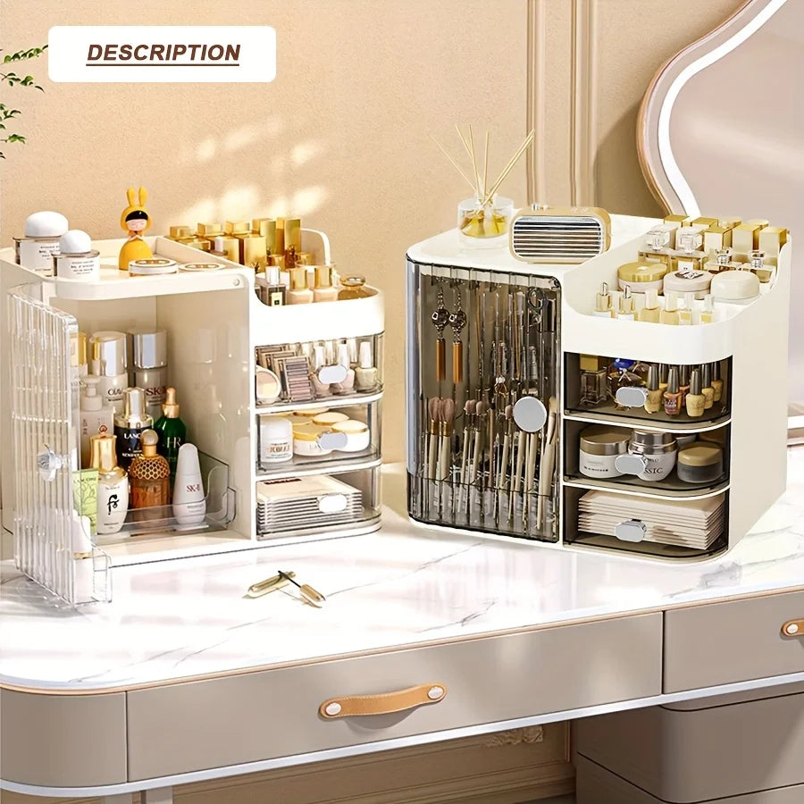 Freestanding Plastic Makeup Organizer With Mirror And Three Drawers