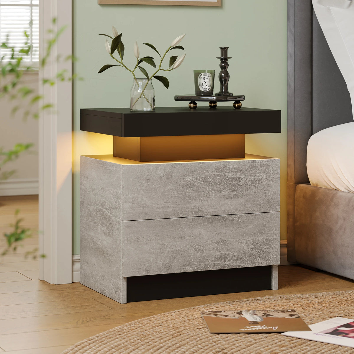 Cubehom LED Nightstand With Two Storage Drawers For Bedroom