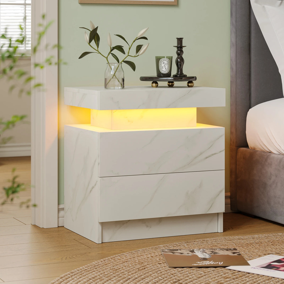 Cubehom LED Nightstand With Two Storage Drawers For Bedroom