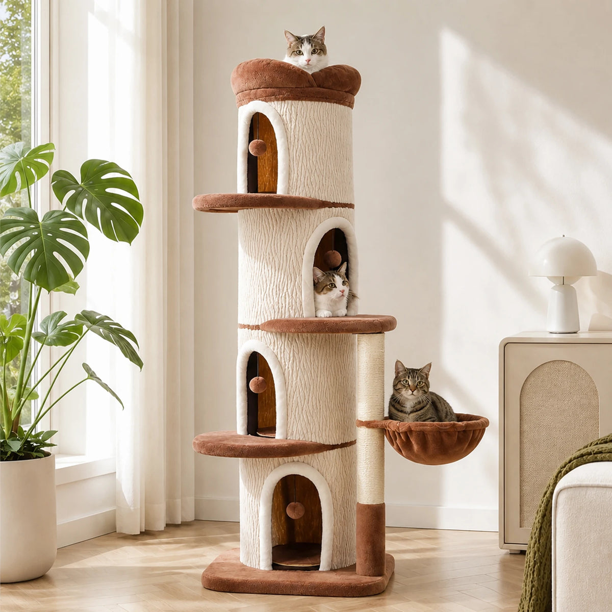 P Sophisticated Cat Tower Featuring 4 Spacious Flower-Topped Condos