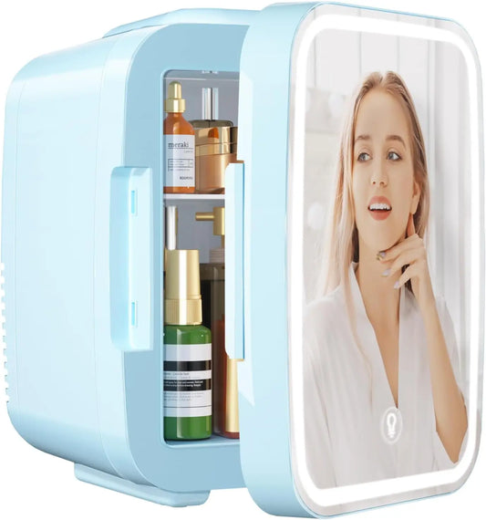 Skincare Fridge Mini Fridge for Bedroom with Dimmable LED Mirror, 4Liter/6 Cans Cooler and Warmer for Makeup