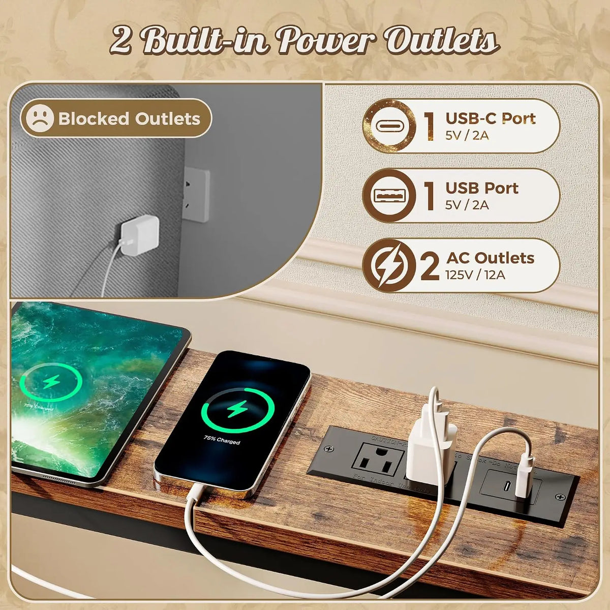 Adjustable Sofa Console Table With Power Outlets And USB Charging