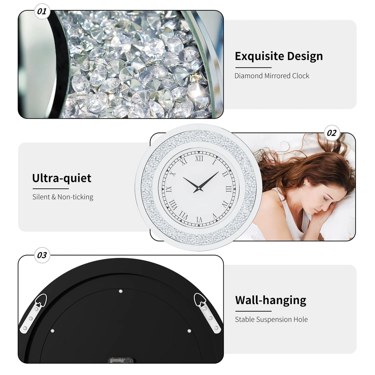 Elegant Round Mirror Wall Clock Featuring Sparkle Crystal Design