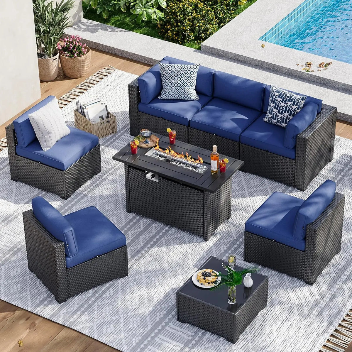 Xiaolang Wicker Patio Sectional Sofa With Fire Pit Table
