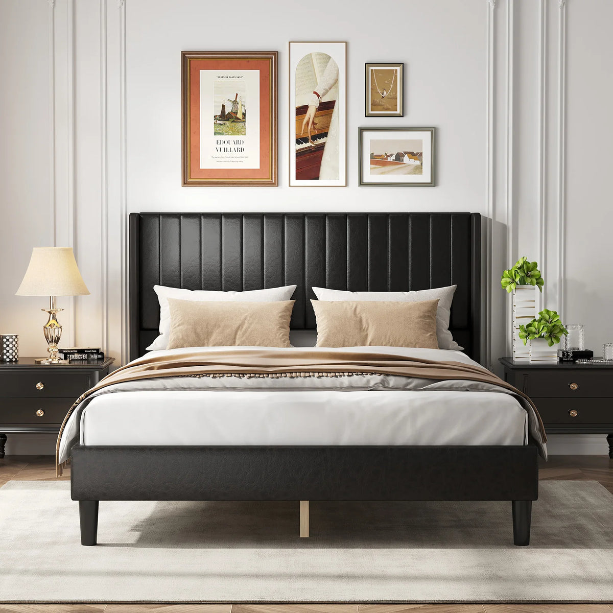 JHK Wingback Upholstered Platform Bed Frame With Heavy Duty Slats