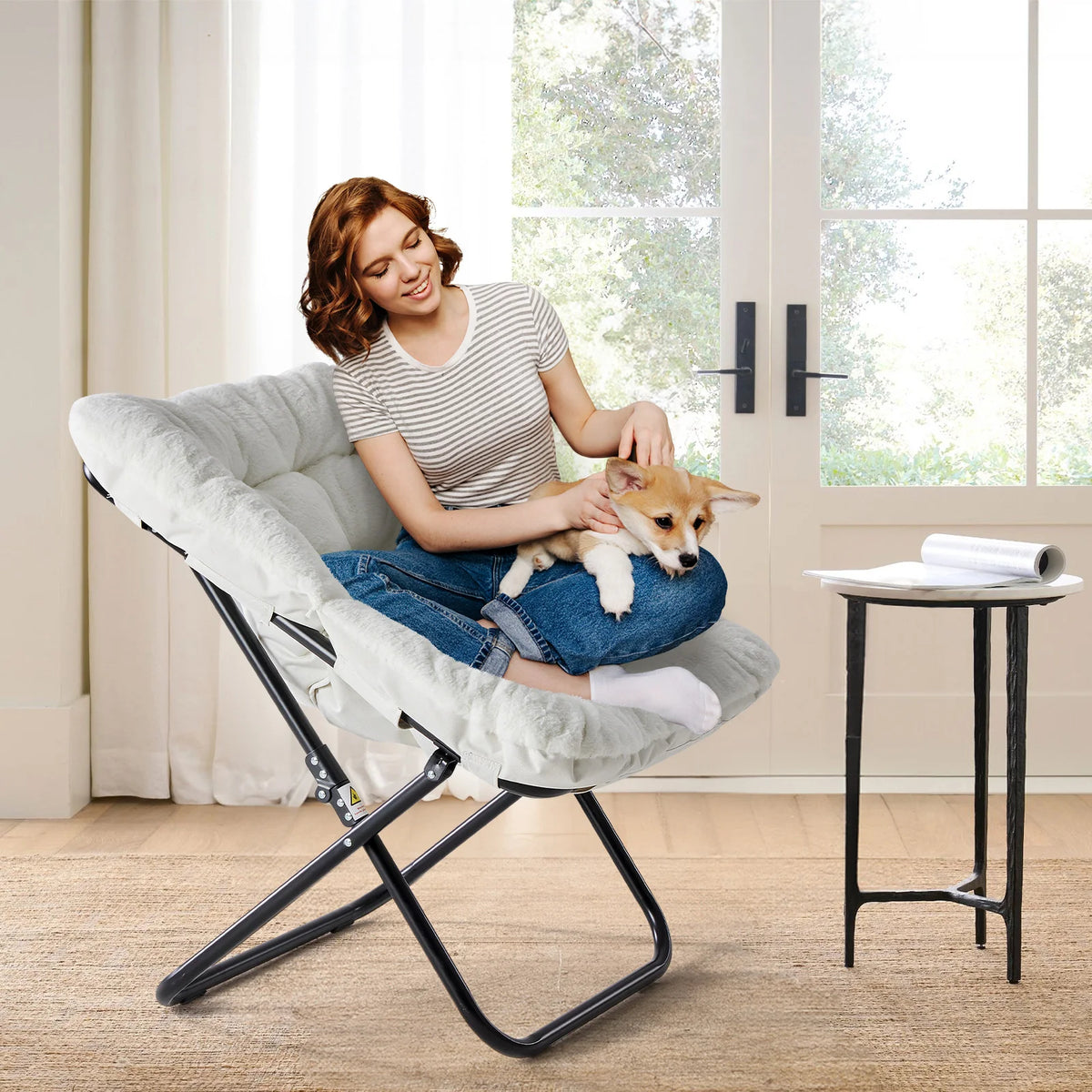 JHK Modern Folding Saucer Chair Rotatable Metal Frame Fabric