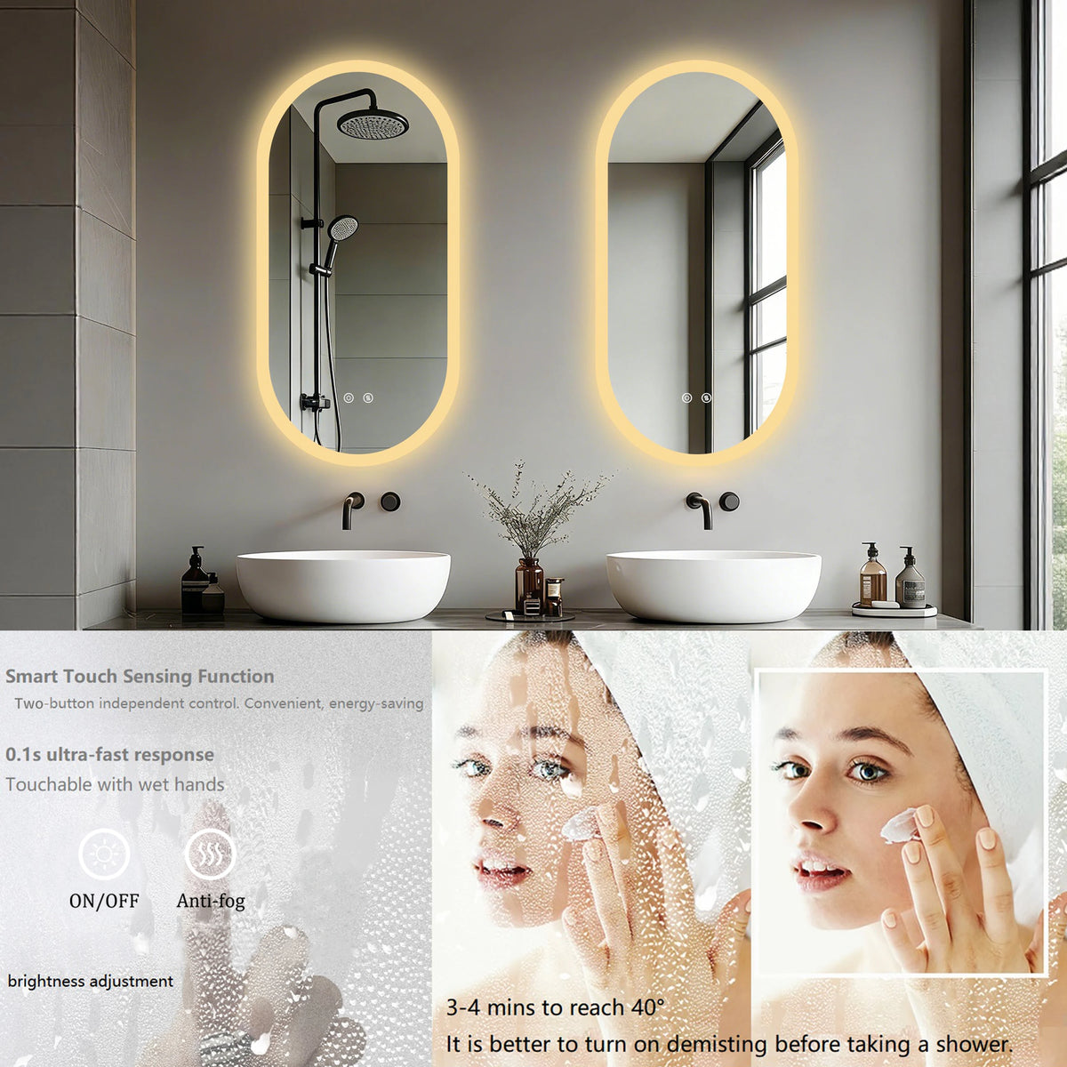 BORWART Oval LED Bathroom Mirror With Smart Anti Fog Dimming Lights