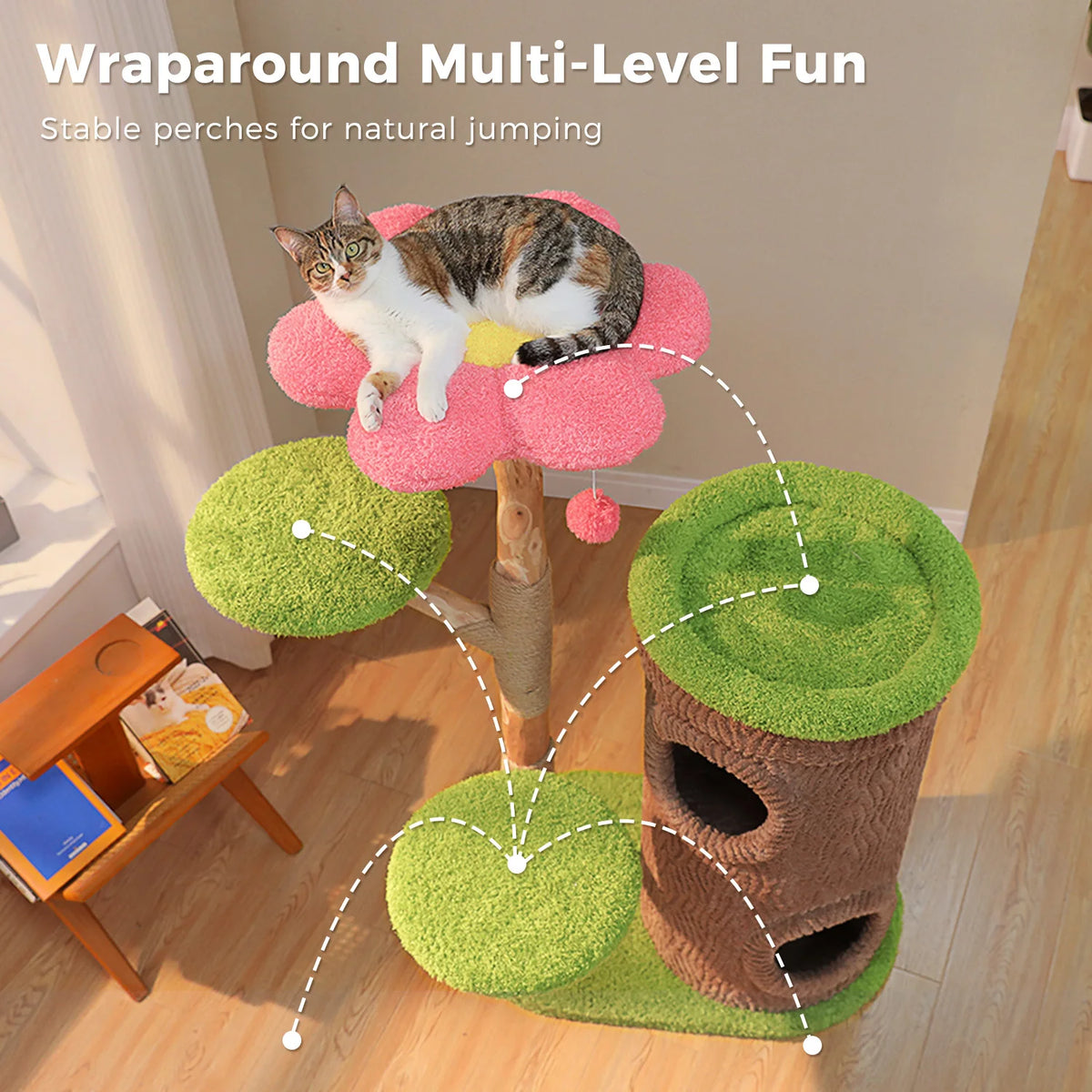 P Sophisticated Cat Tower Featuring 4 Spacious Flower-Topped Condos