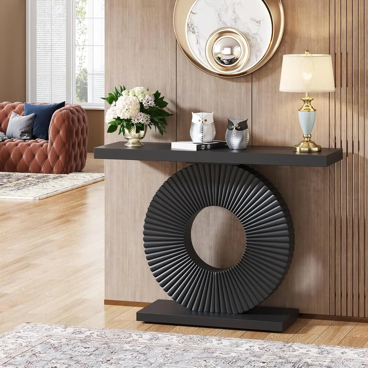 Modern Wood Console Table With Sculptural Geometric Base