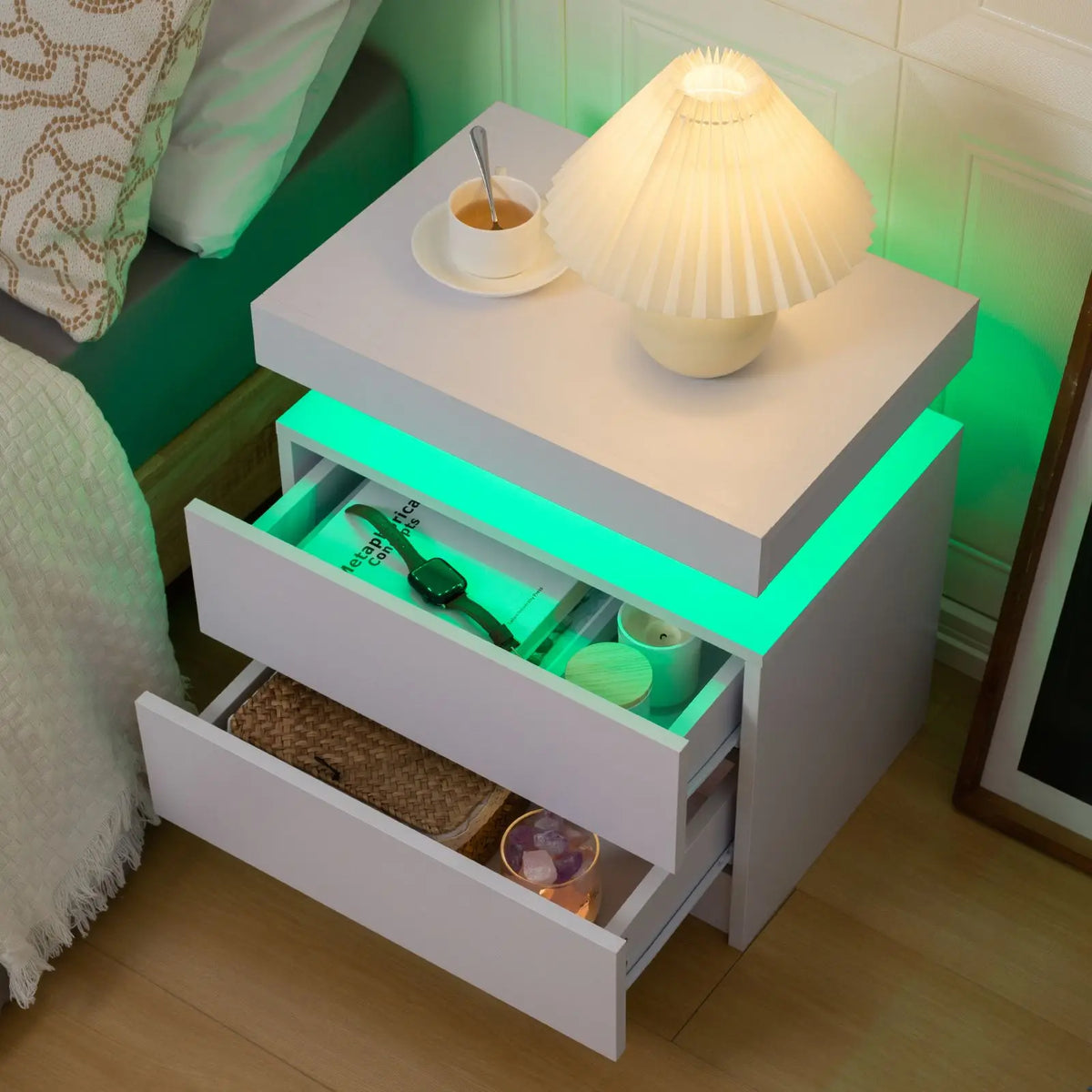 Cubehom LED Nightstand With Two Storage Drawers For Bedroom
