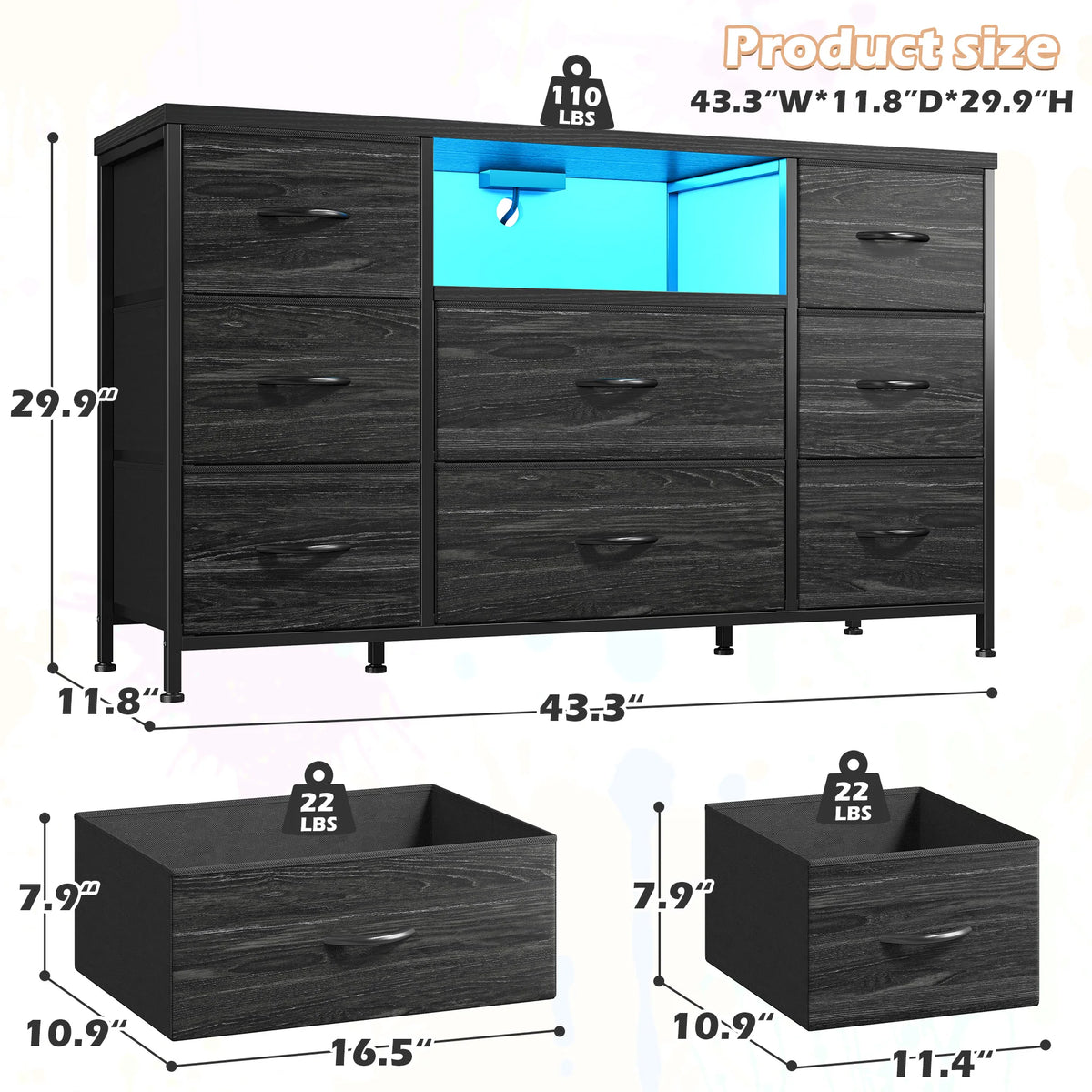 EnHomee 8 Drawer Fabric Media Dresser With LED Light Charger