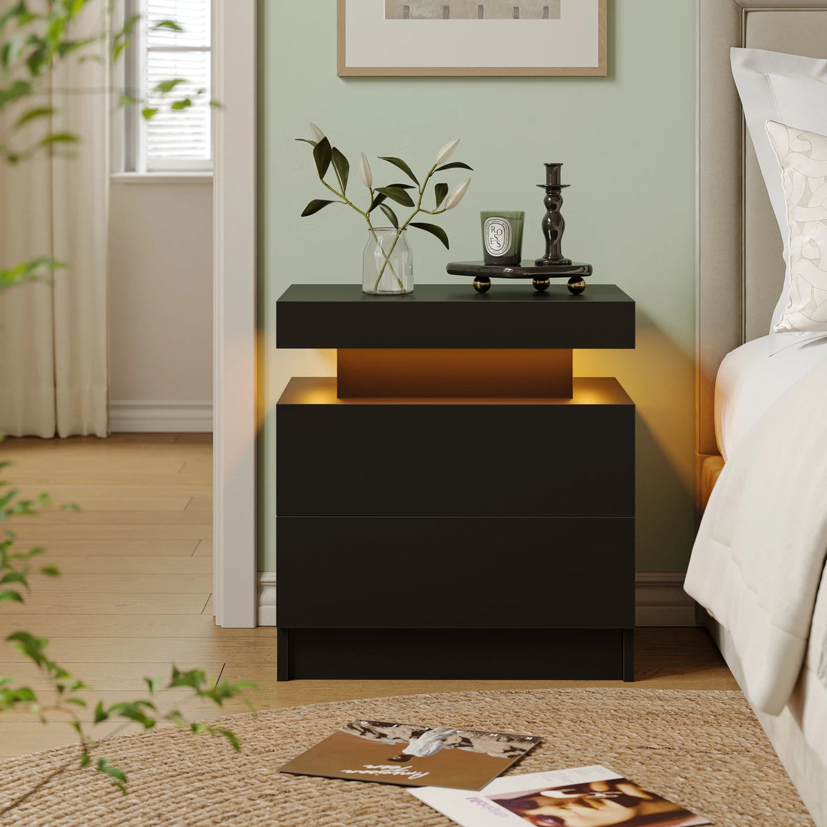 Cubehom LED Nightstand With Two Storage Drawers For Bedroom