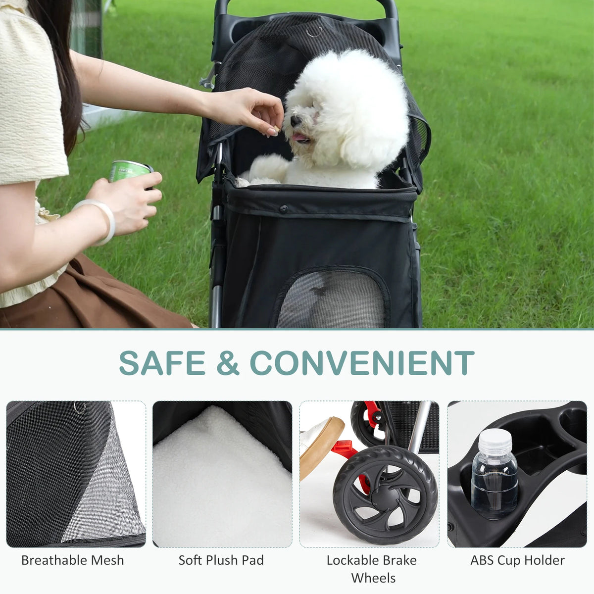 Compact Foldable Pet Stroller With Mesh Windows And Storage Basket
