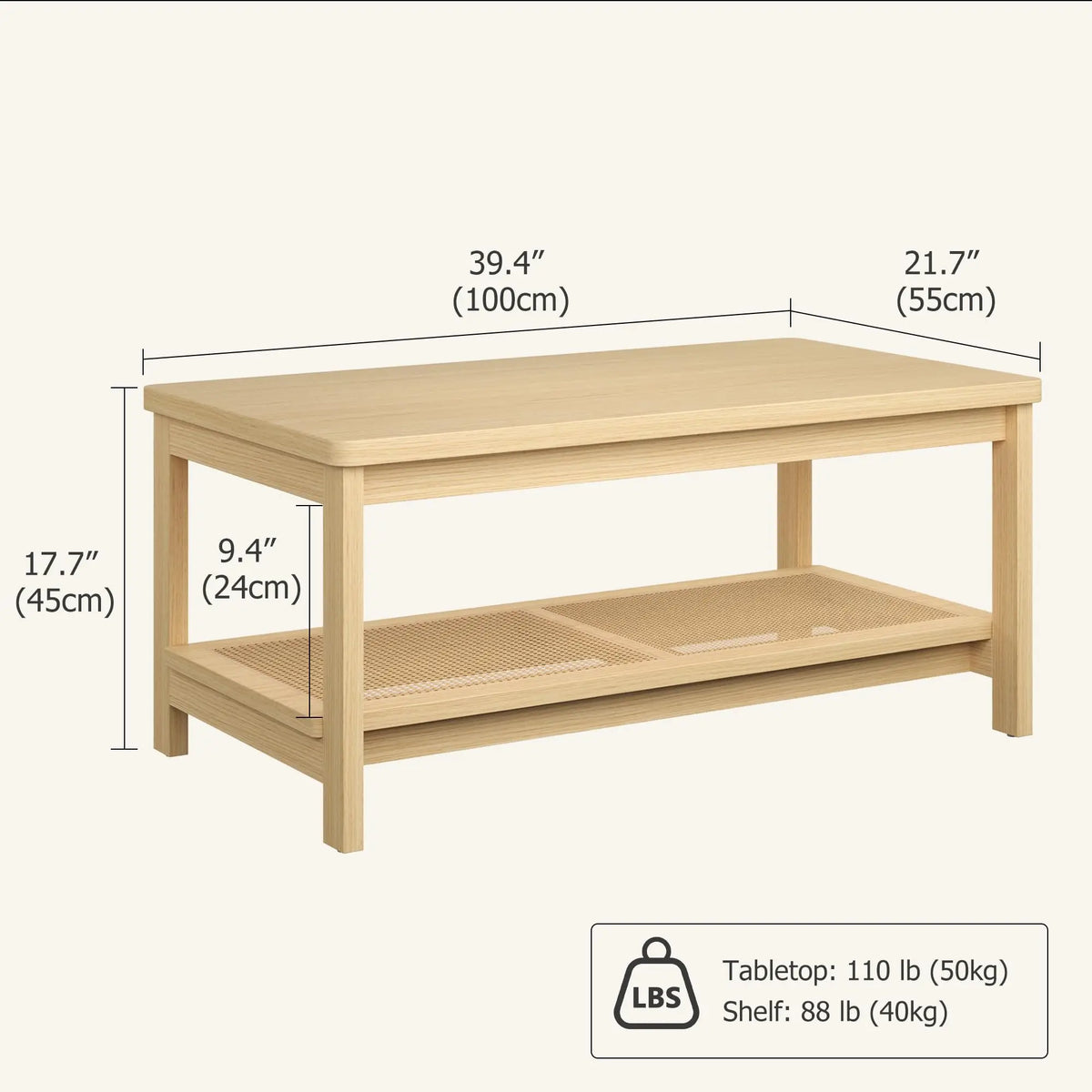 HiMISS Two Tier Coffee Table With Rattan Storage Shelf