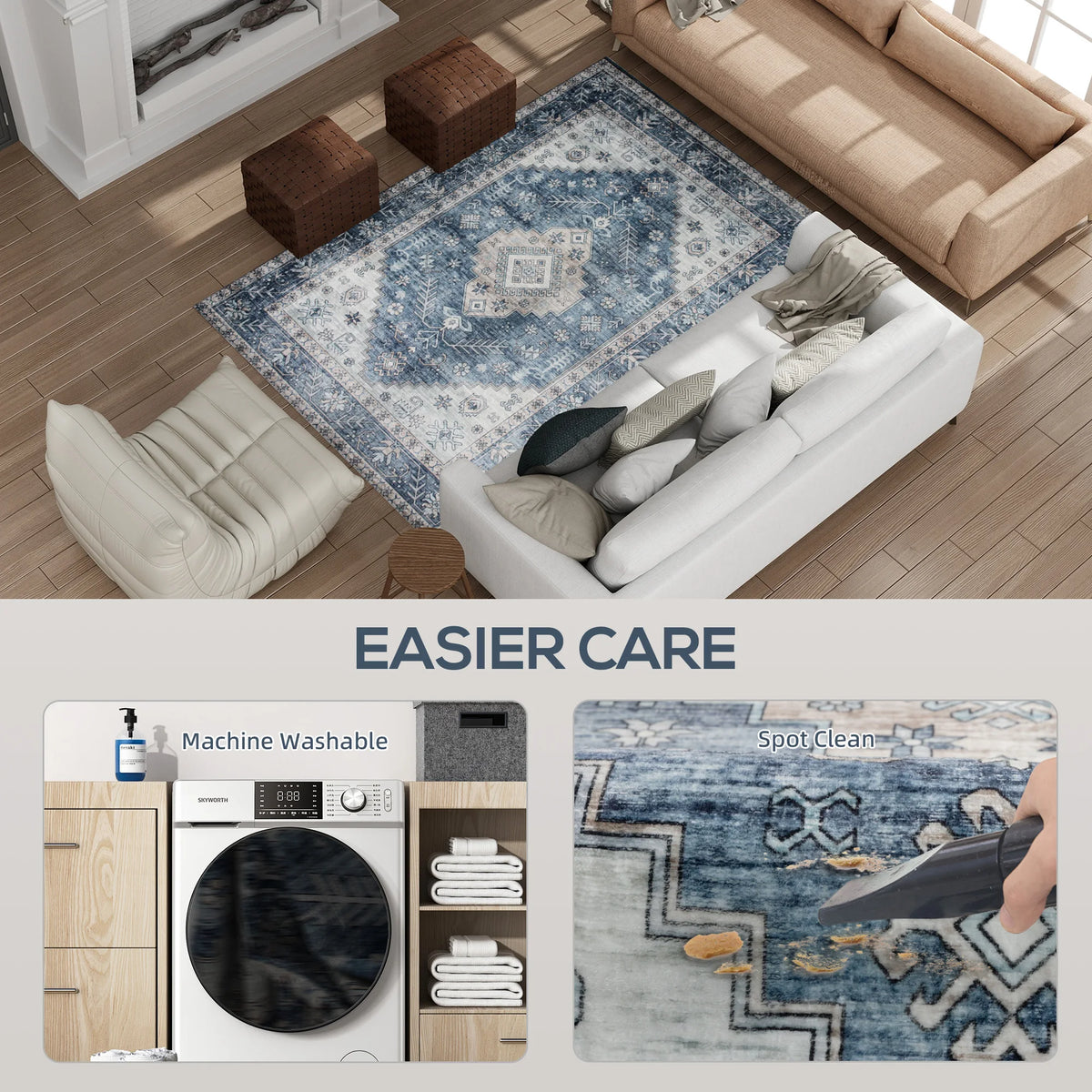 Machine Washable Vintage Oriental Medallion Area Rug Polyester