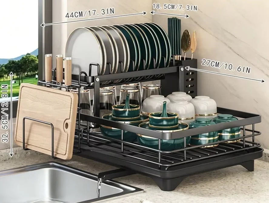 Double Tier Carbon Steel Cutlery Rack Kitchen Utensil Organizer