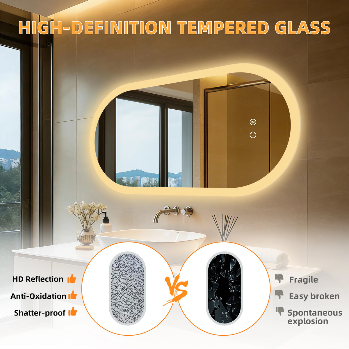 BORWART Oval LED Bathroom Mirror With Smart Anti Fog Dimming Lights
