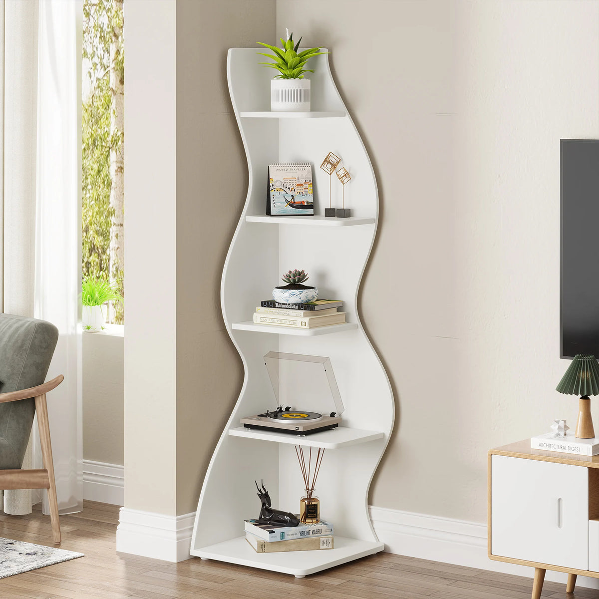 Tribesigns Modern Wooden Corner Shelf With Storage Bookcase