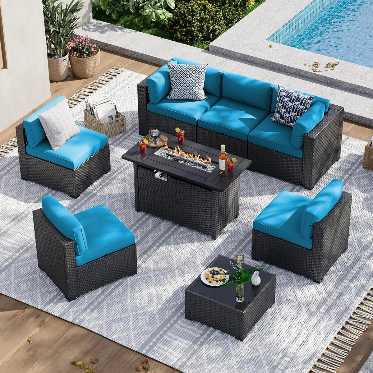 Xiaolang Wicker Patio Sectional Sofa With Fire Pit Table
