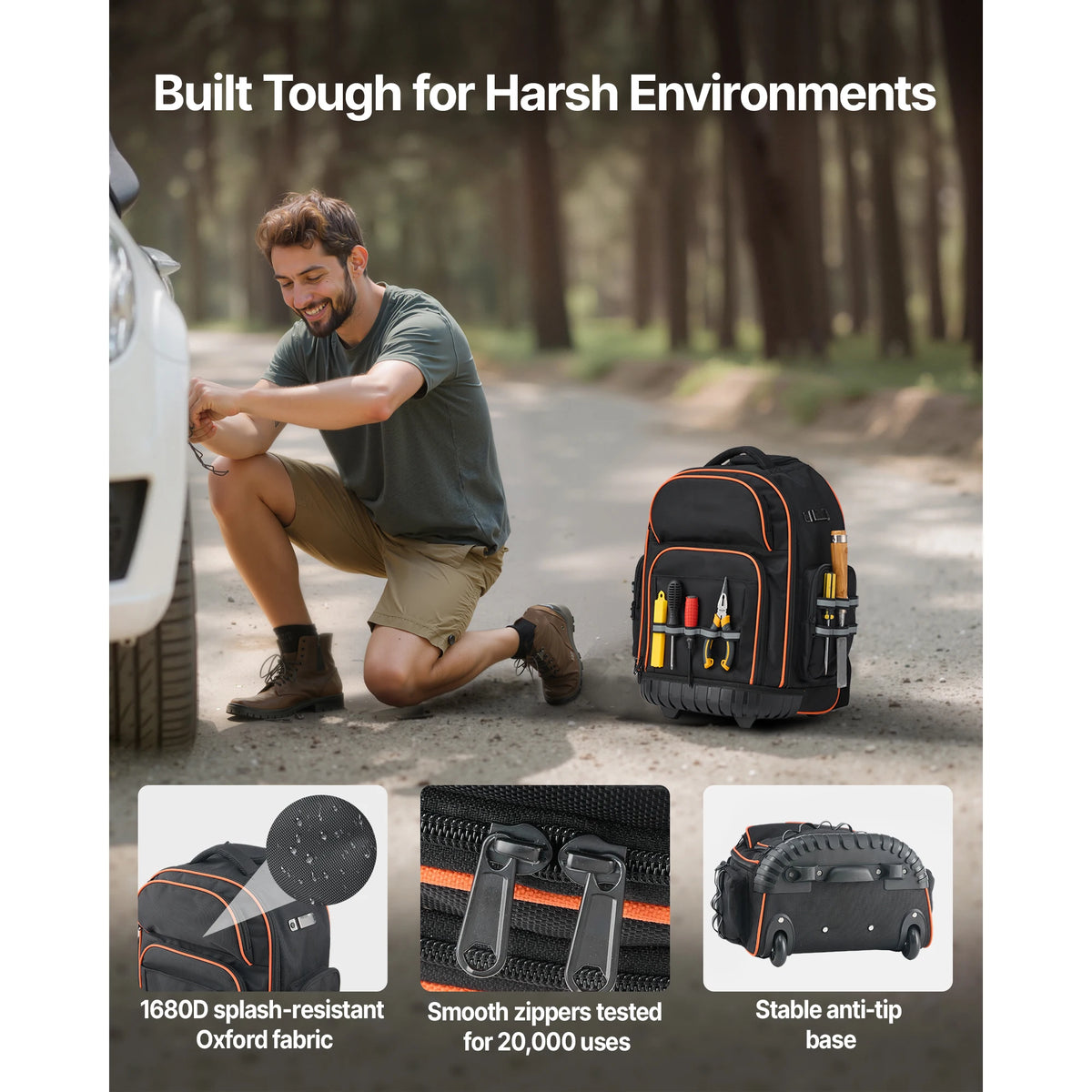 SucceBuy Heavy Duty Rolling Tool Backpack With Pockets for Mechanics
