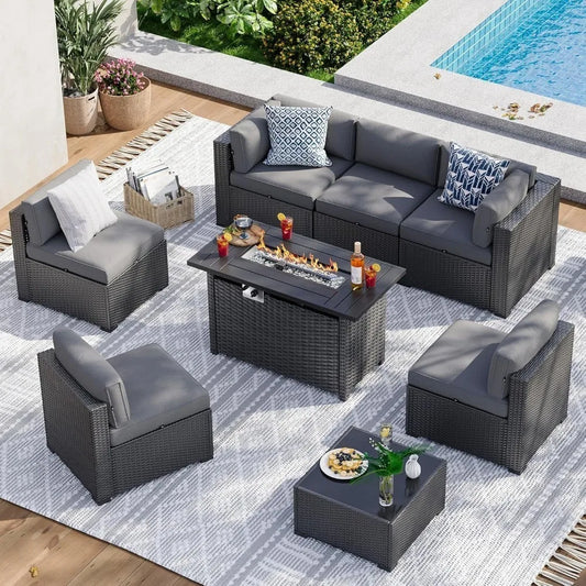 Xiaolang Wicker Patio Sectional Sofa With Fire Pit Table