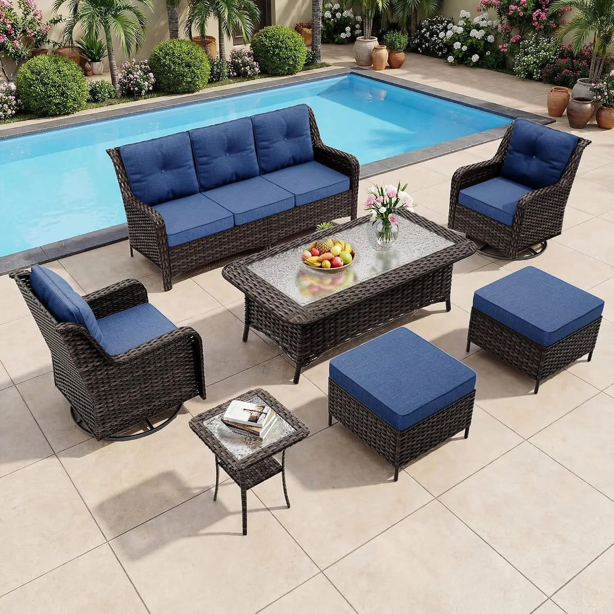 Xiaolang Seven Seat Outdoor Rattan Patio Sofa Set With Ottoman