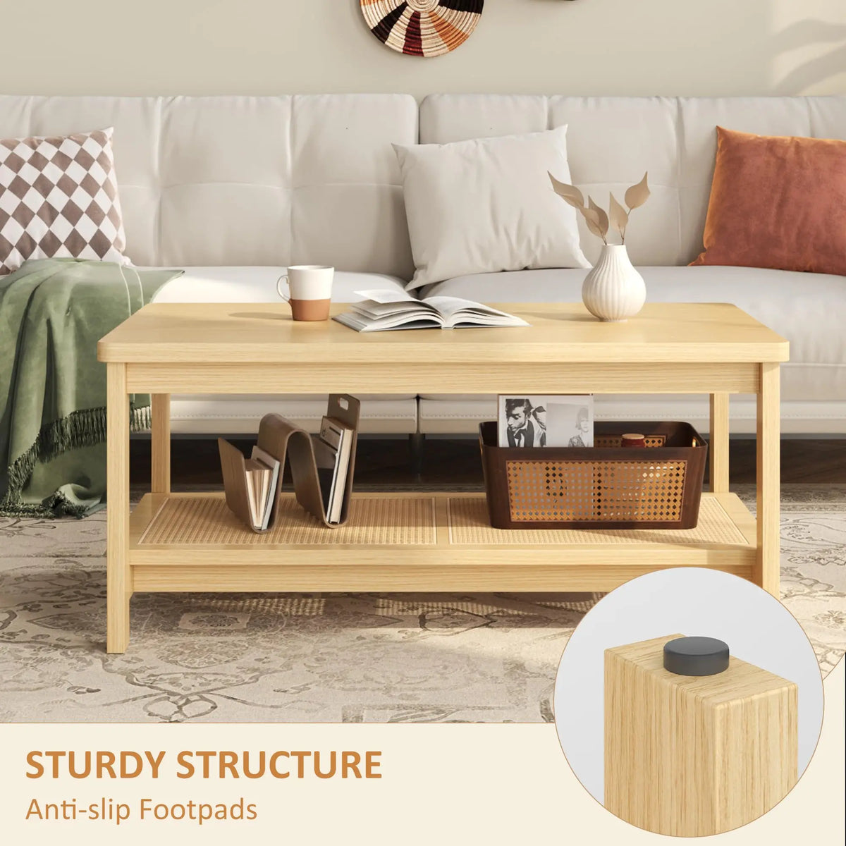 HiMISS Two Tier Coffee Table With Rattan Storage Shelf