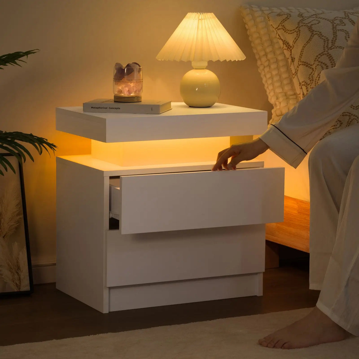 Cubehom LED Nightstand With Two Storage Drawers For Bedroom