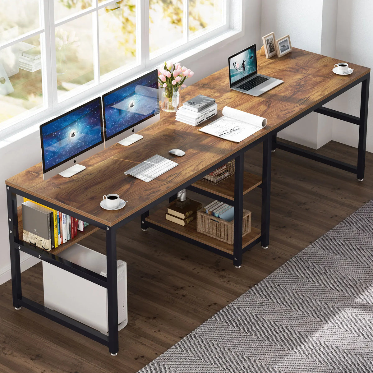 Tribesigns Two Person Computer Desk With Bookshelf Workstation