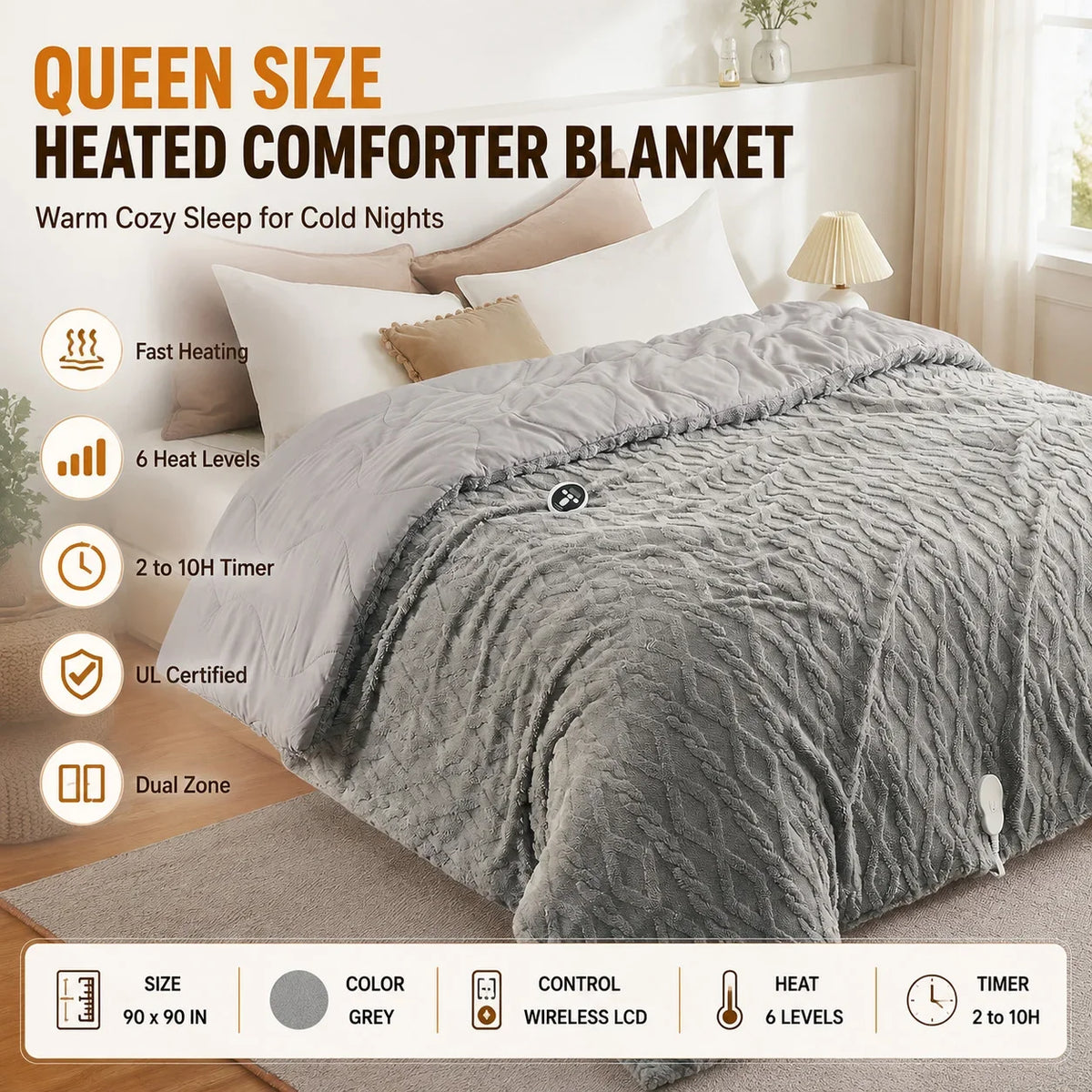 Electric Heated Comforter With Dual Zone Control And Heat Settings