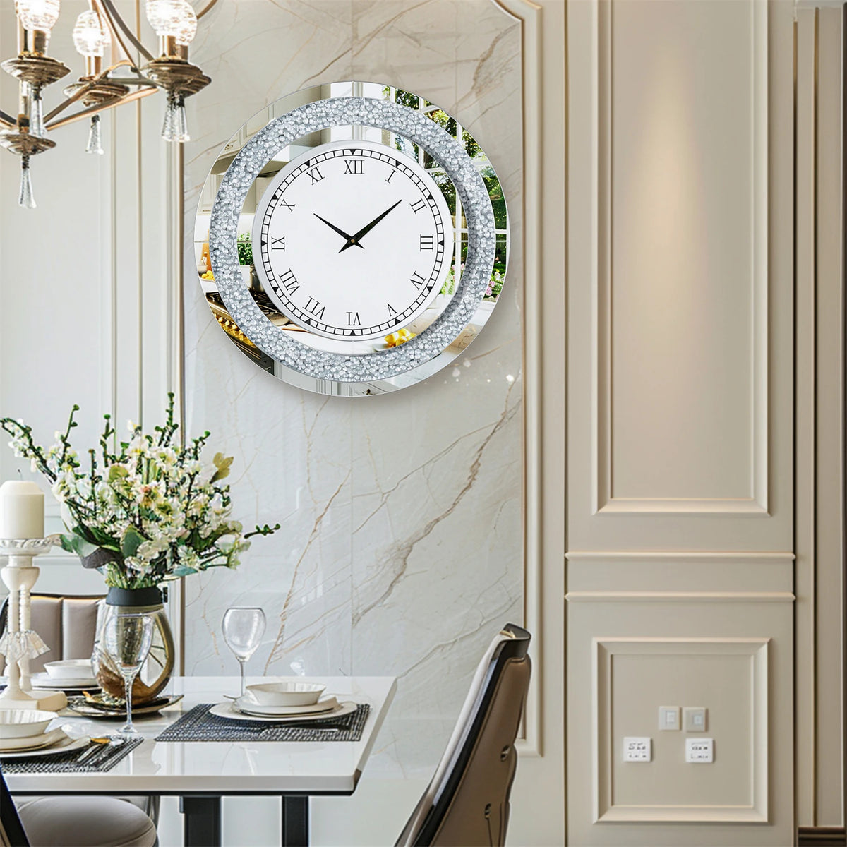 Elegant Round Mirror Wall Clock Featuring Sparkle Crystal Design