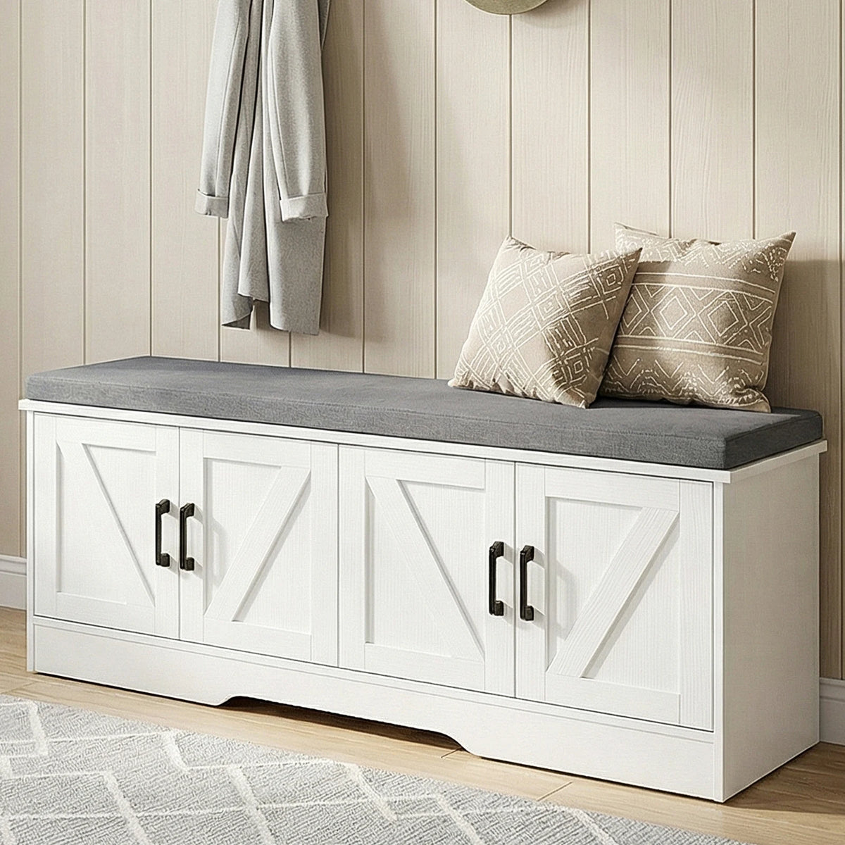 JHK Entryway Storage Bench With Padded Cushion And Shelves