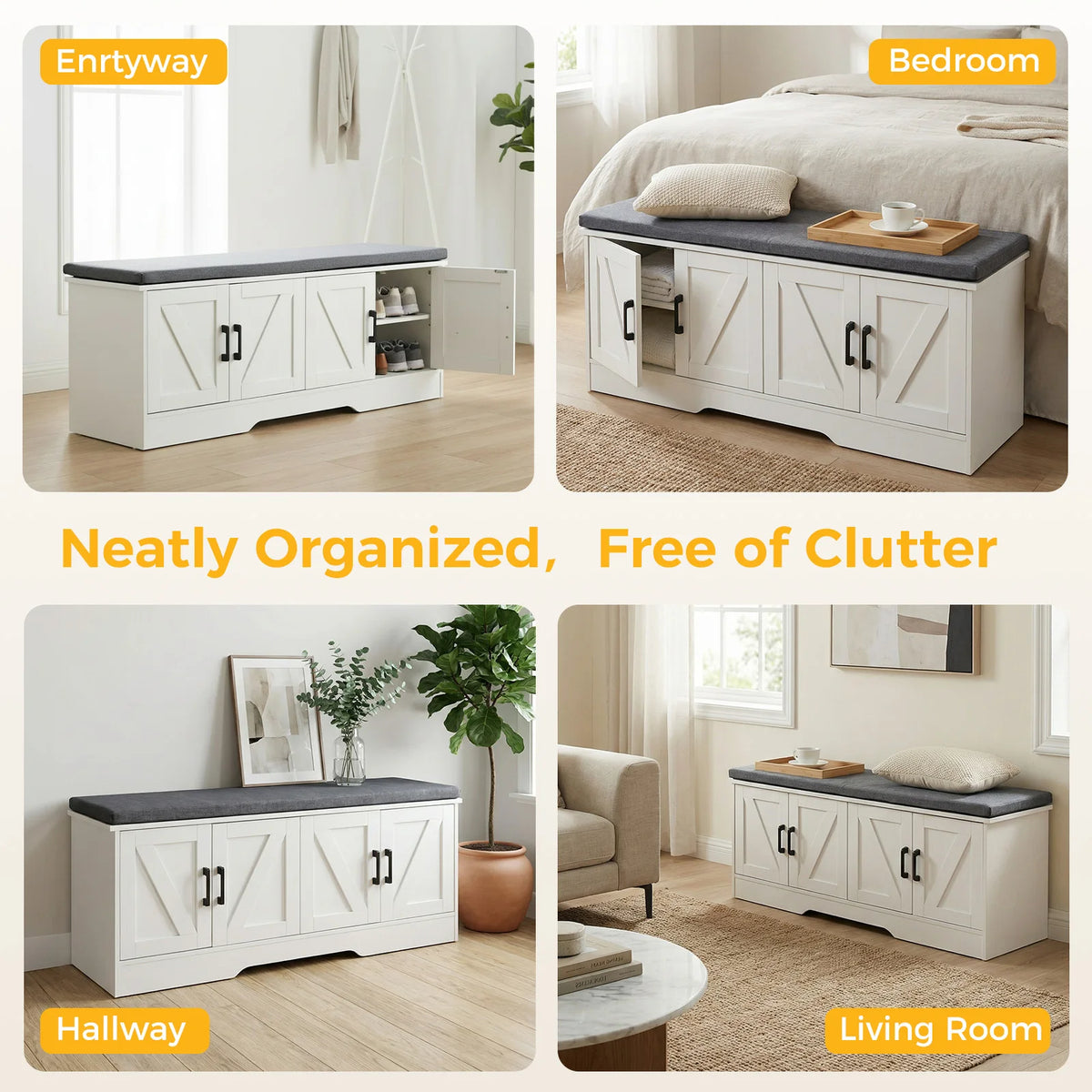 JHK Entryway Storage Bench With Padded Cushion And Shelves
