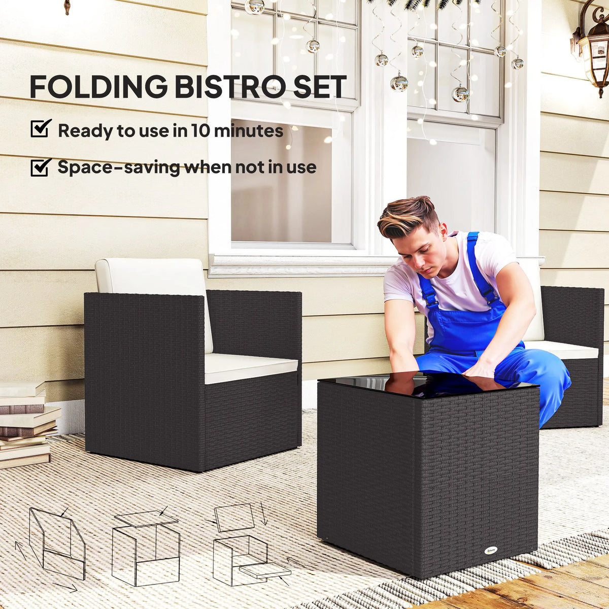 3 Piece Outsunny Folding Wicker Patio Bistro Furniture Set for Outdoor Use