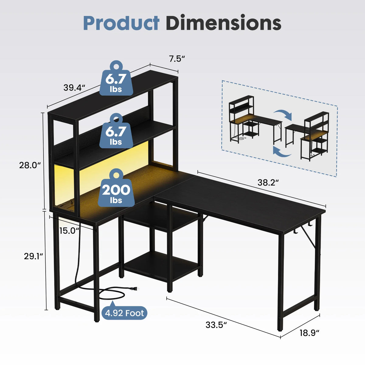 JHK L Shaped Gaming Desk With Led Lights And Usb Port