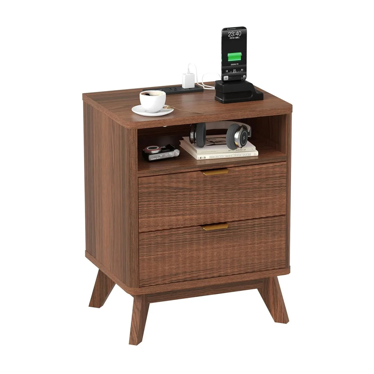 Modern Fluted Walnut Nightstand With Usb Charging And Storage Drawer