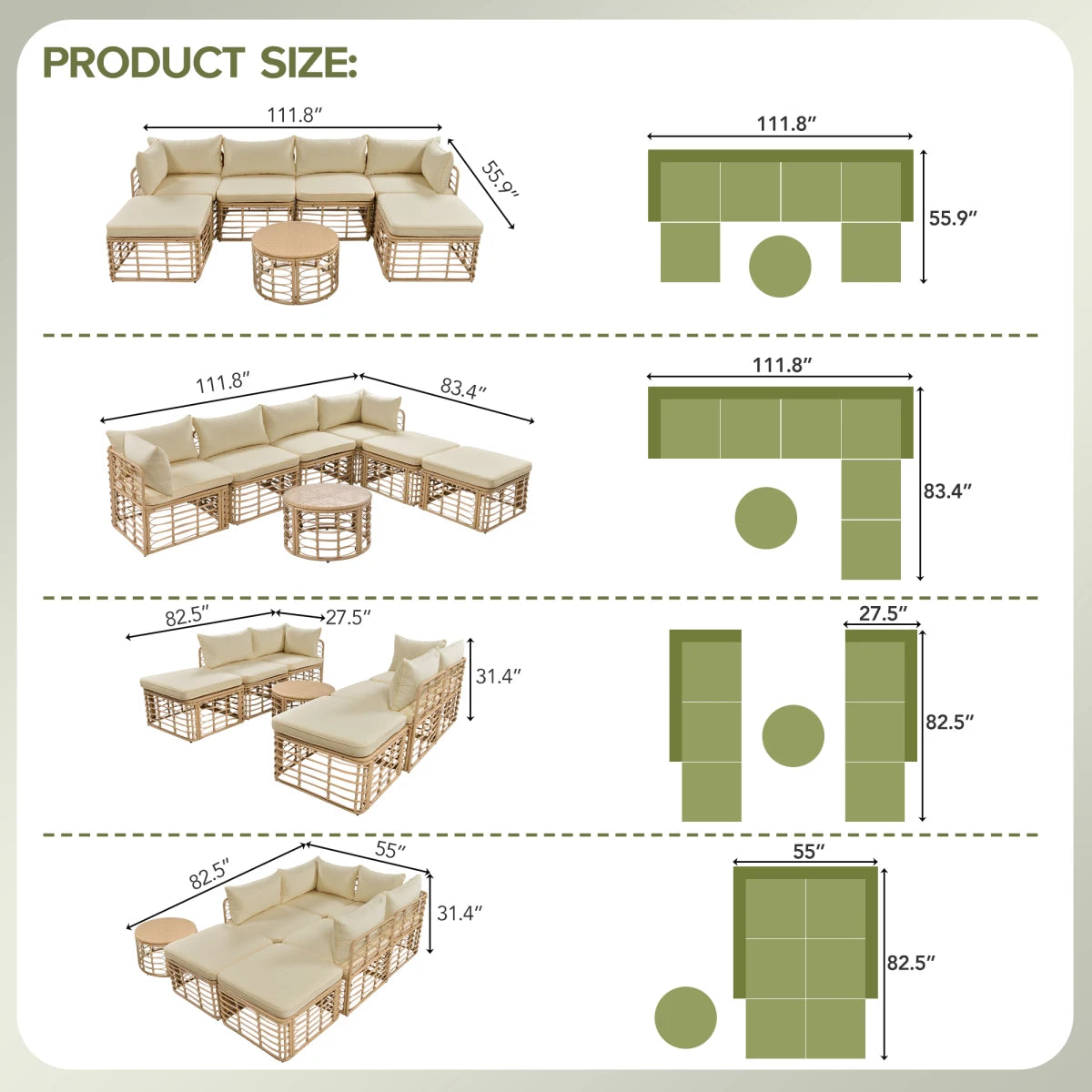 Outdoor Rattan Patio Sectional Sofa Set With Cushions And Pillows