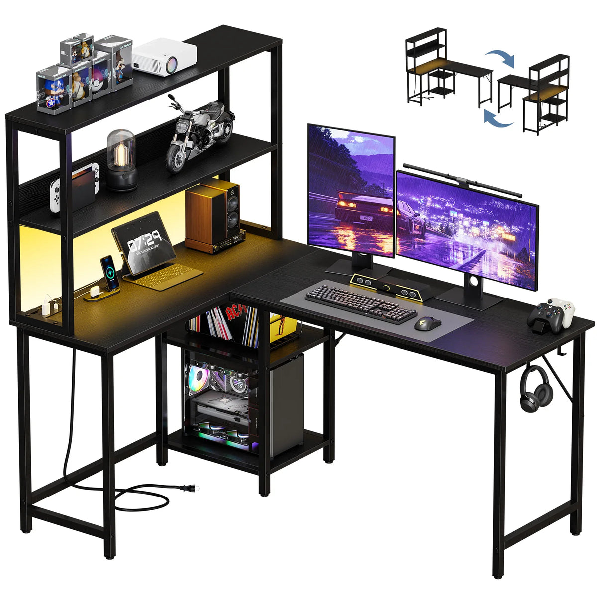 JHK L Shaped Gaming Desk With Led Lights And Usb Port