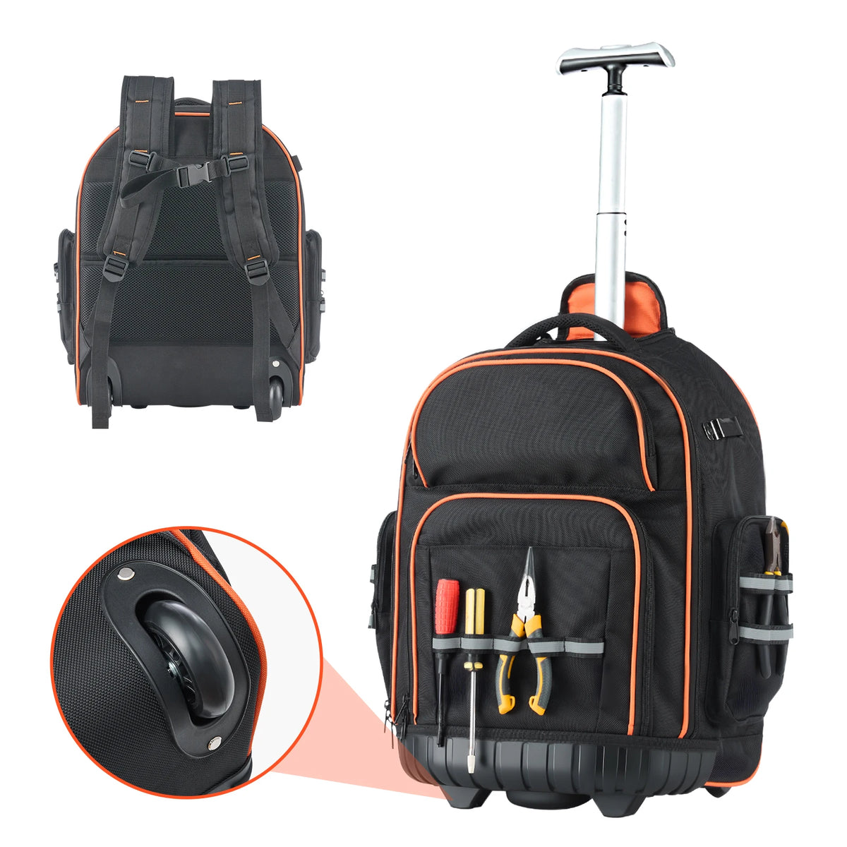 SucceBuy Heavy Duty Rolling Tool Backpack With Pockets for Mechanics