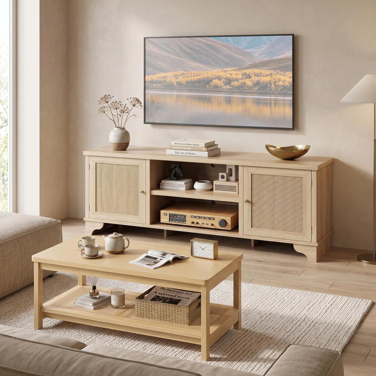 HiMISS Two Tier Coffee Table With Rattan Storage Shelf