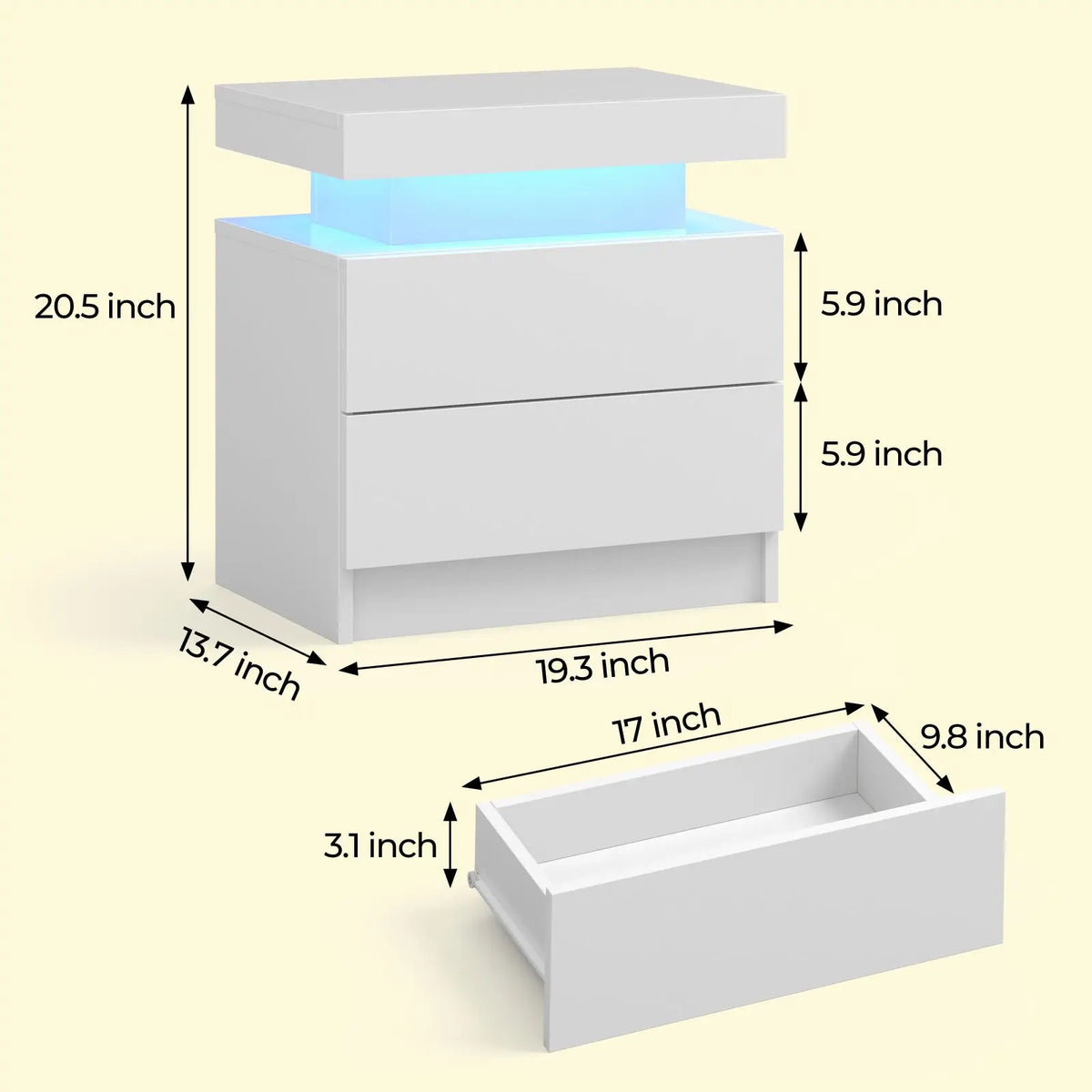Cubehom LED Nightstand With Two Storage Drawers For Bedroom
