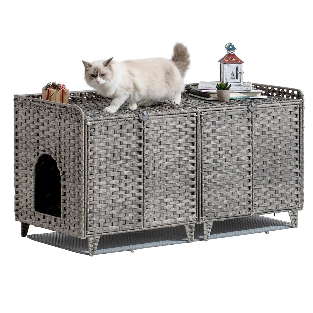 DishyKooker Rattan Litter Box Enclosure Hidden Cat Furniture Cabinet
