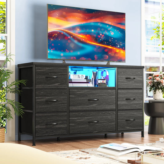EnHomee 8 Drawer Fabric Media Dresser With LED Light Charger