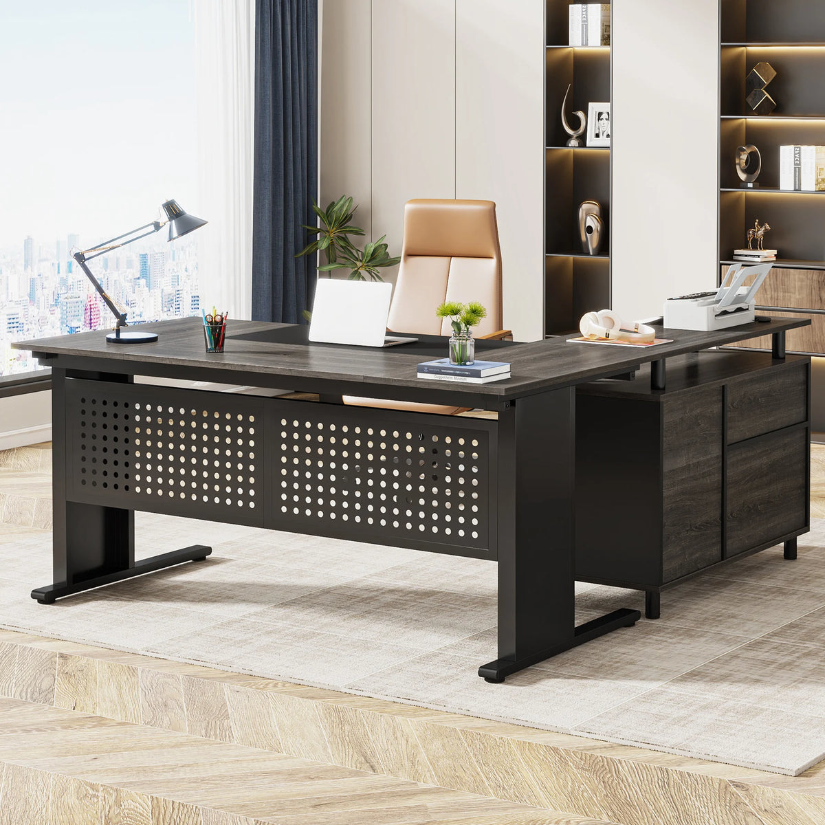 Tribesigns Executive Office Desk With File Cabinet And Storage