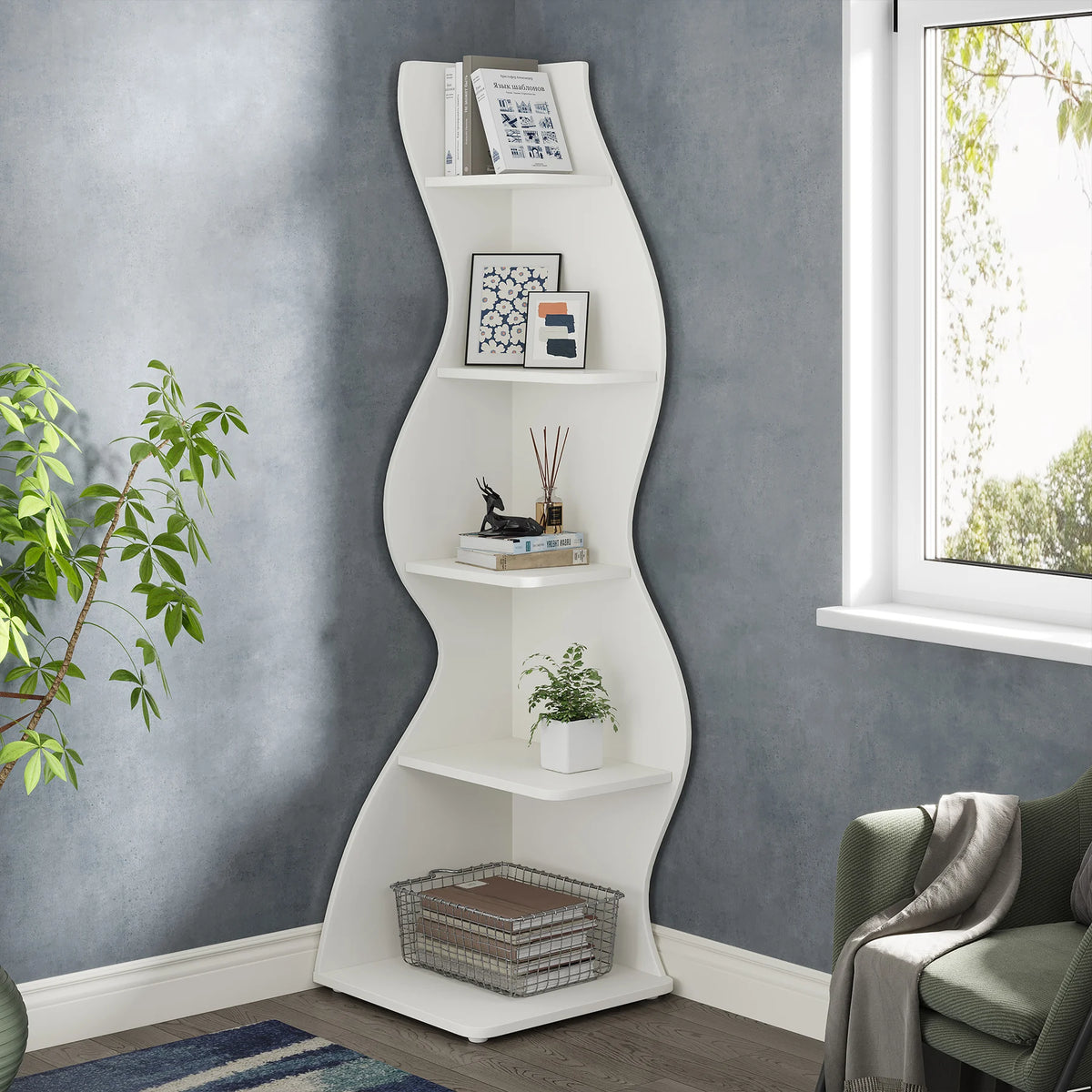 Tribesigns Modern Wooden Corner Shelf With Storage Bookcase