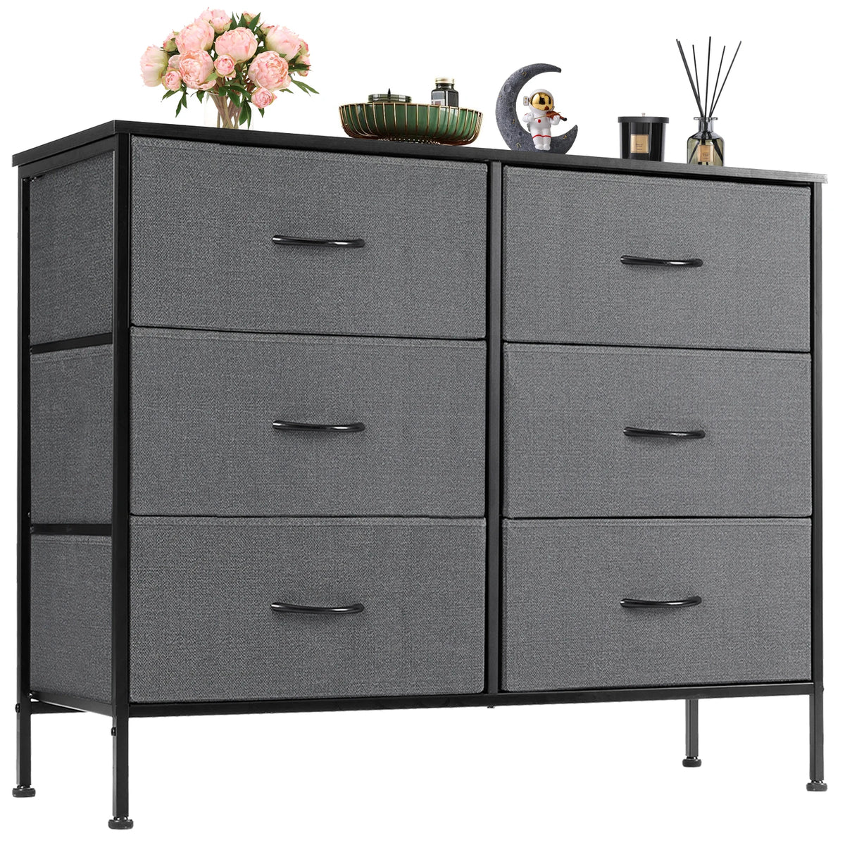 JHK 6 Drawer Metal Nightstand With Fabric Storage Organizer